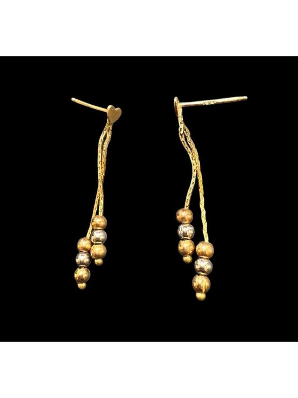 Vintage 9k 375 Yellow White Gold Heart Dangle Ball Earrings 1.3g